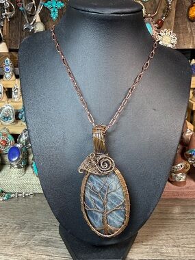 Handcrafted Copper Wire Tree of Life Pendant Necklace with Blue Stone